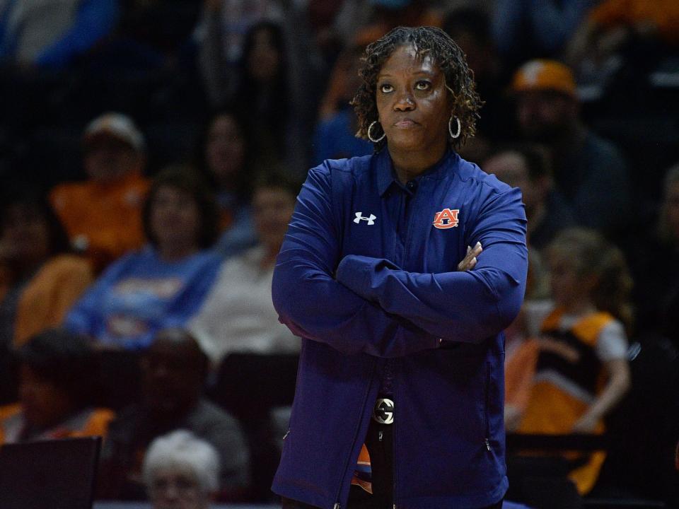 Auburn basketball coach Johnnie Harris during the NCAA college basketball game against Tennessee on Sunday, February 19, 2023. 