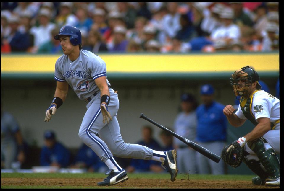 Pat Borders, shown here in a game against Oakland in 1993, played in the majors from 1988-2005 and was the MVP of the 1992 World Series.