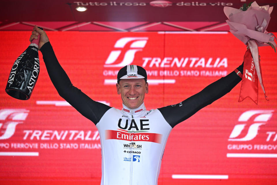 TORTONA ITALY  MAY 17 Pascal Ackermann of Germany and UAE Team Emirates celebrates at podium as stage winner during the 106th Giro dItalia 2023 Stage 11 a 219km stage from Camaiore to Tortona  UCIWT  on May 17 2023 in Tortona Italy Photo by Stuart FranklinGetty Images