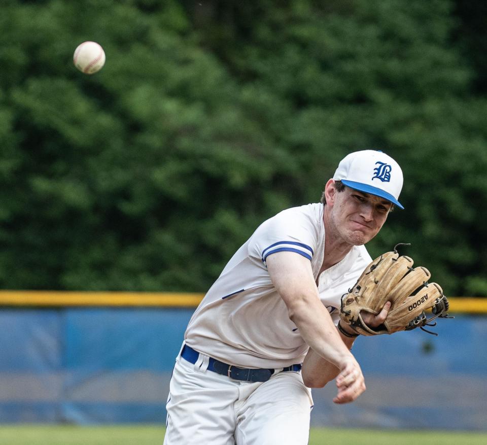 Bronxville Chris Lockwood pitches to Croton during a Section 1 Class B semifinal elimination game at Bronxville May 22, 2023. Croton scored two runs in the seventh inning to defeat Bronxville 4-3.