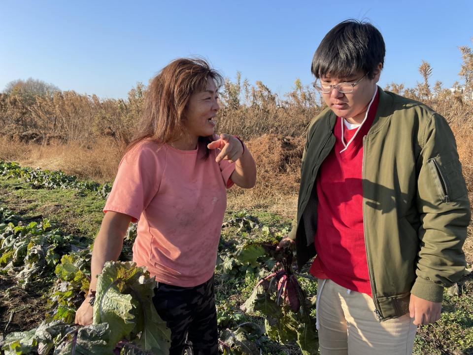 Farmer Tomoko Oshimo, 53, or Tomo-chan, harvests daikon with her son Satoru on their farm in Urawa, outside Tokyo, Japan. 