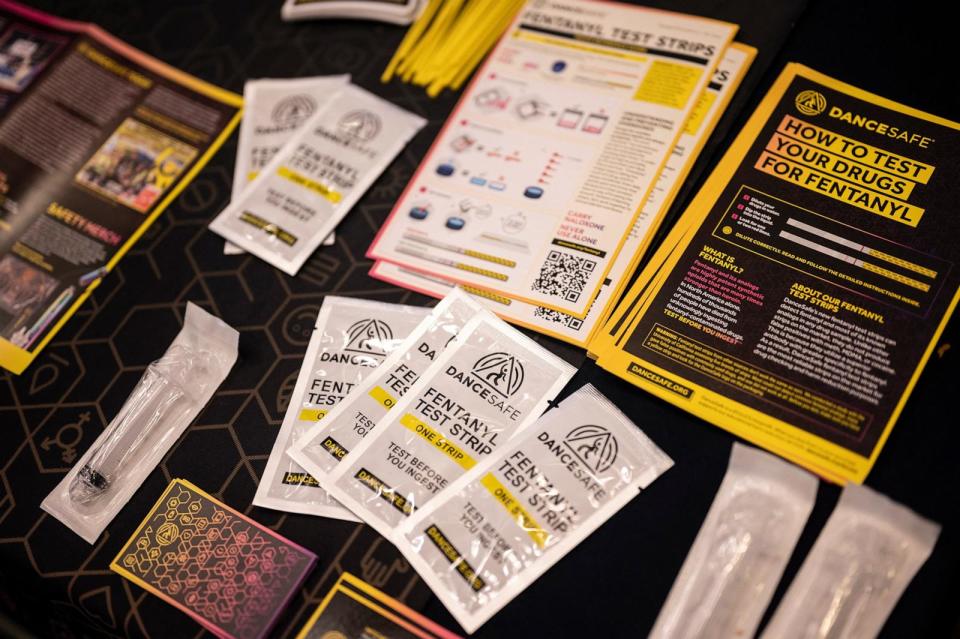 PHOTO: In this April 23, 2024 file photo, an exhibitor shows attendees a rapid fentanyl detection test during the Multilateral Conference on Synthetic Drugs in Mexico City. (Yuri Cortez/AFP via Getty Images, FILE)