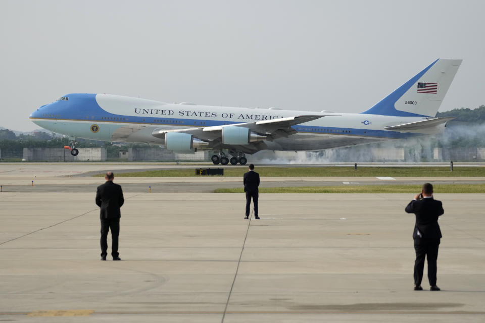 Air Force One with U.S. President Joe Biden arrives at Osan Air Base in Pyeongtaek, South Korea, Friday, May 20, 2022. (AP Photo/Lee Jin-man, Pool)