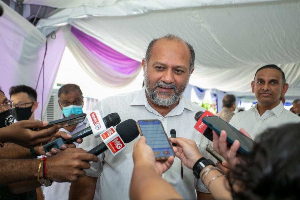 Gobind Singh Deo speaks to media at Tun Samy Velu’s wake at Jalan Ipoh in Kuala Lumpur September 16, 2022. — Picture by Devan Manuel