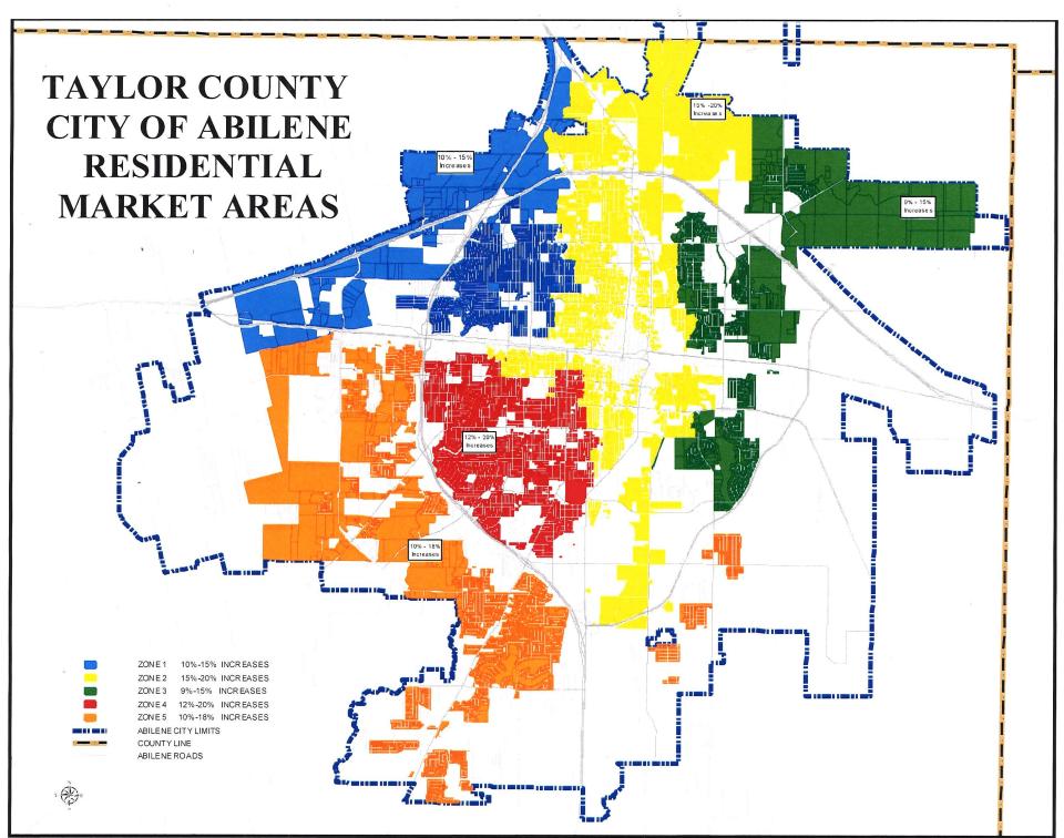 A map breaking Abilene in five zones, with expected property value increases in each.