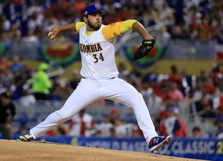 Nabil Crismatt of Colombia pitches during a Pool C game of the 2017 World Baseball Classic against the Dominican Republic at Miami Marlins Stadium on March 12, 2017