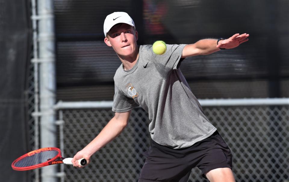 Abilene High's Griffin Sullivan prepares to hit the ball during his singles match against Olise Roberts of Mansfield Timberview. Sullivan won the Region I-5A semifinals match 6-2, 6-3 on Monday at the McLeod Tennis Center in Lubbock.