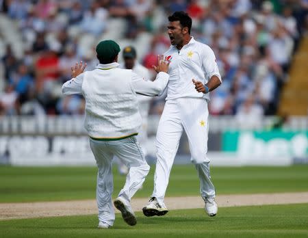 Britain Cricket - England v Pakistan - Third Test - Edgbaston - 3/8/16 Pakistan's Sohail Khan celebrates taking the wicket of England's Joe Root (not pictured) Action Images via Reuters / Paul Childs