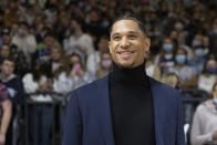 New Orleans Pelicans' Josh Hart, a former Villanova player on the 2016 National Champion team, has his jersey retired during a halftime ceremony during an NCAA college basketball game between Villanova and Marquette, Wednesday, Jan. 19, 2022, in Villanova, Pa. (AP Photo/Laurence Kesterson)