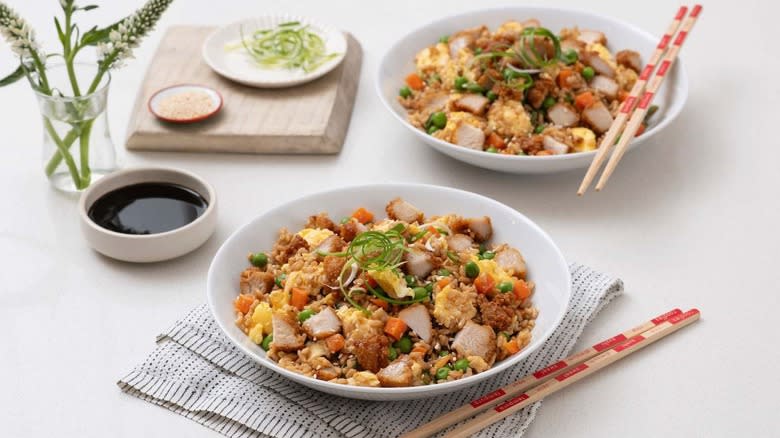 Fried rice with Chick-fil-a chicken nuggets