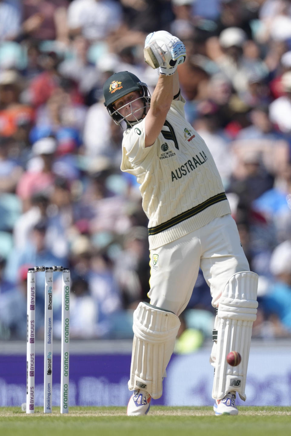 Australia's Steven Smith plays a shot on the third day of the ICC World Test Championship Final between India and Australia at The Oval cricket ground in London, Friday, June 9, 2023. (AP Photo/Kirsty Wigglesworth)