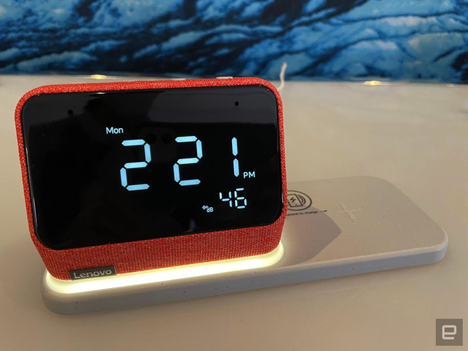 <p>A hands-on photo of the Lenovo Smart Clock Essential with Alexa, announced during CES 2022.</p>
