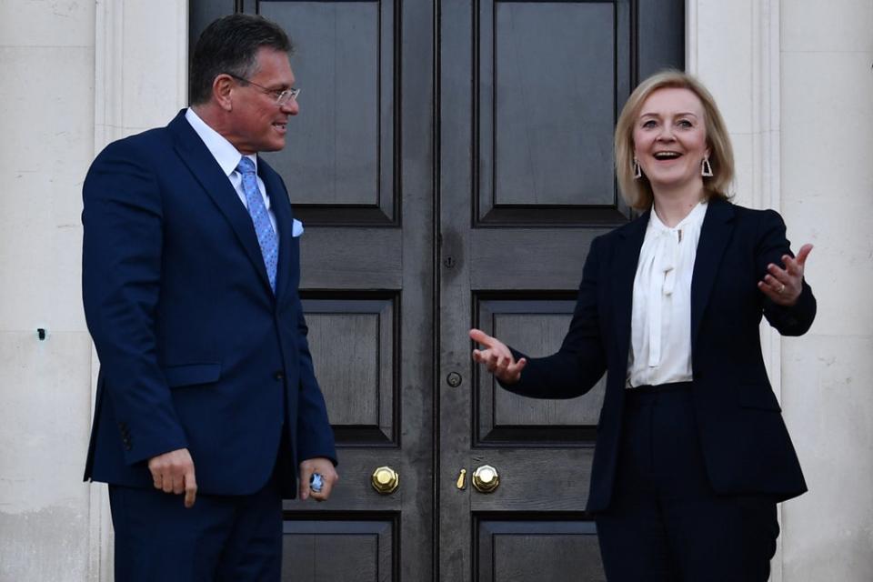 Foreign Secretary Liz Truss, right, has taken over negotiating on the UK’s behalf with the European Commission’s Maros Sefcovic, left (Ben Stansall/PA) (PA Wire)