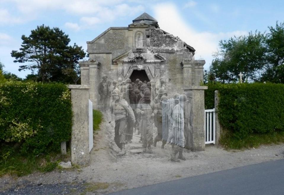 Soldiers leave a church, La Madeleine a Sainte Marie du Mont, in Manche, a town in Normandy.<br><br>(<a href="http://www.flickr.com/photos/hab3045/collections/72157629378669812/" rel="nofollow noopener" target="_blank" data-ylk="slk:Courtesy of Jo Teeuwisse;elm:context_link;itc:0;sec:content-canvas" class="link ">Courtesy of Jo Teeuwisse</a>)