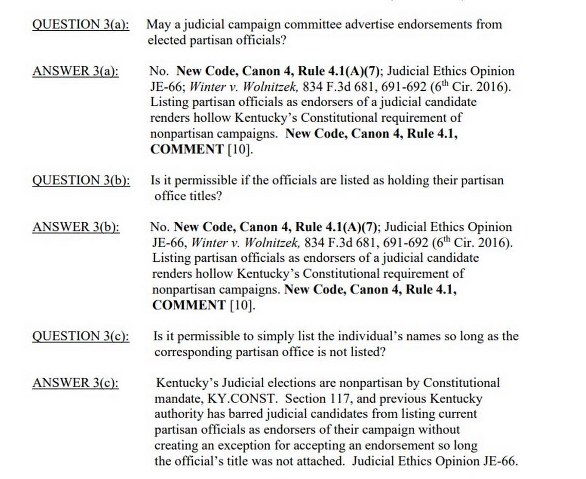 Running for Kentucky’s nonpartisan Supreme Court, Fischer asked the state’s Judicial Ethics Committee several questions about just how partisan a candidate could make their race.