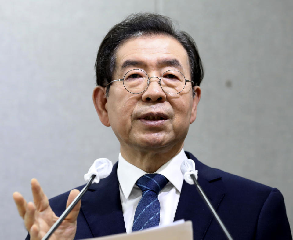 Seoul Mayor Park Won-soon speaks during a press conference at Seoul City Hall in Seoul, South Korea Wednesday, July 8, 2020. Police on Thursday, July 9, said the mayor of South Korean capital Seoul has been reported missing and search operations are underway. (Cheon Jin-hwan/Newsis via AP)