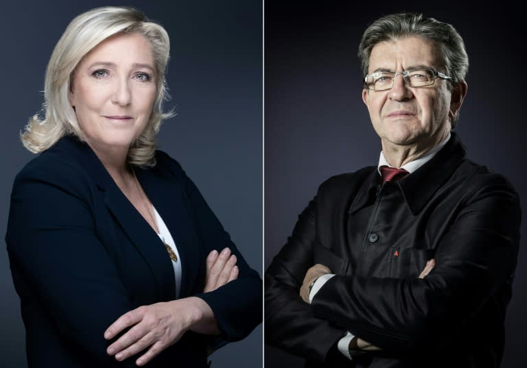 Combinación de fotografías creada el 16 de junio de 2024 con Marine Le Pen (I), jefa del partido Agrupación Nacional (RN), en París el 20 de octubre de 2021, y Jean-Luc Mélenchon (D), candidato de la coalición « Nuevo Frente Popular» para las elecciones legislativas francesas en París, el 24 de enero de 2017 (JOEL SAGET)