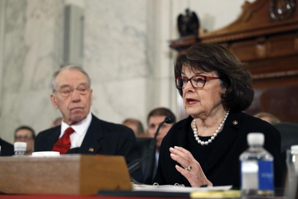 FILE - In this Jan. 10, 2017 file photo, the Senate Judiciary Committee's ranking member, Sen. Dianne Feinstein, D-Calif., questions Attorney General-designate, Sen. Jeff Sessions, R-Ala. during Sessions confirmation hearing before the committee, on Capitol Hill in Washington. The top Democrat on the Senate Judiciary Committee plans to request a delay in the confirmation vote on President Donald Trump's nominee for attorney general, a move that will push the panel's vote back to Jan. 31. (AP Photo/Alex Brandon)