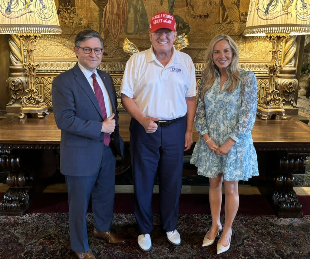 Trump posing with Speaker of the House Mike Johnson and his wife after the would-be assassin was spotted on Sunday. X/SpeakerJohnson