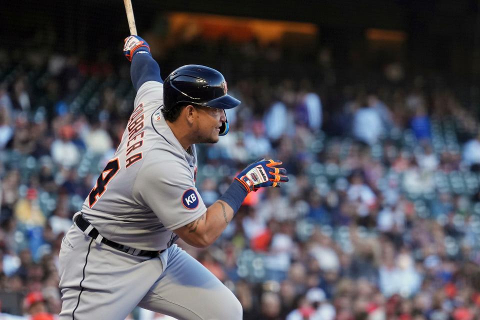 Tigers designated hitter Miguel Cabrera hits a single against the Giants during the first inning on Tuesday, June 28, 2022, in San Francisco.