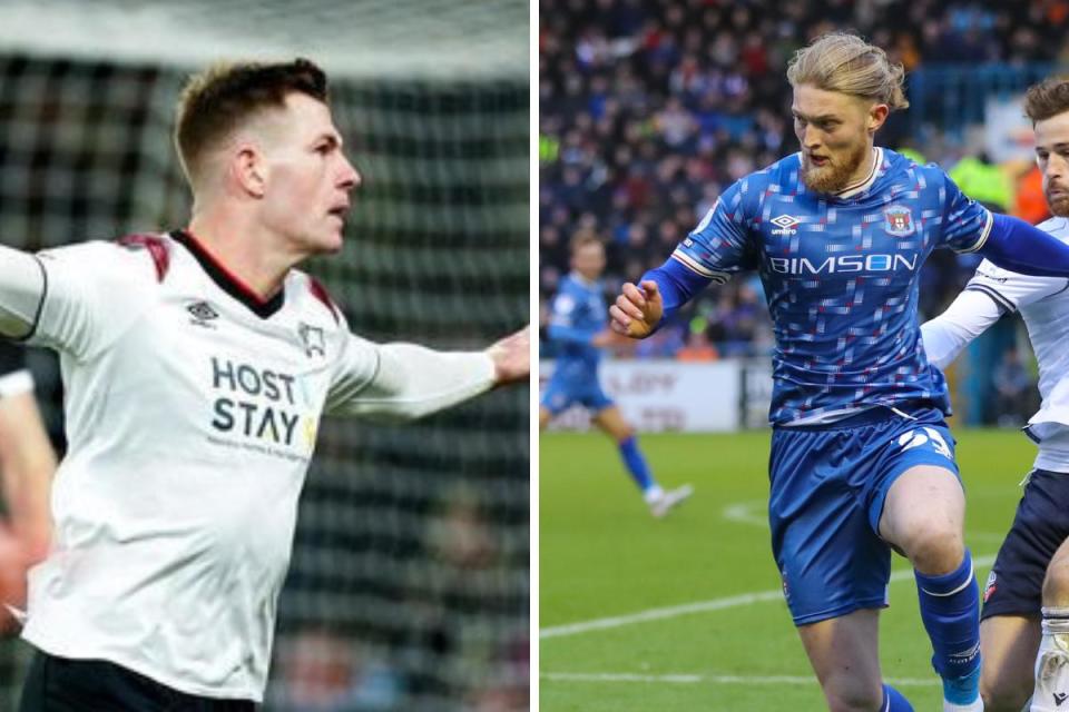 Can James Collins, left, fire Derby over the promotion line - or can Luke Armstrong help Carlisle spoil the party? <i>(Image: PA / Ben Holmes)</i>