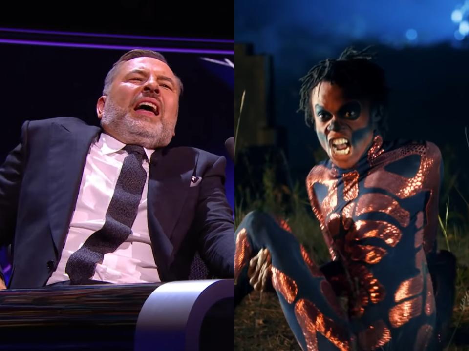 David Walliams (left) recoils in horror at the graveyard contortions of Papi Flex (right) (ITV)