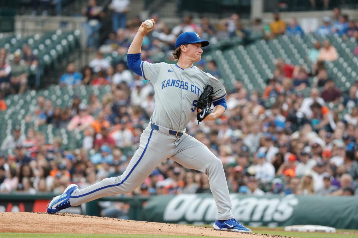 Kansas City Royals pitcher Brady Singer (51) throws during the third inning against the Detroit Tigers at Comerica Park in Detroit on Saturday, April 27, 2024.