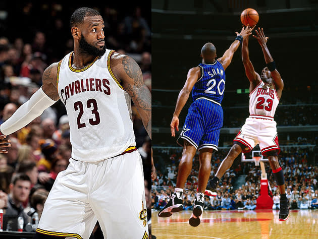 LeBron James minds Michael Jordan's fadeaway. (Getty Images)