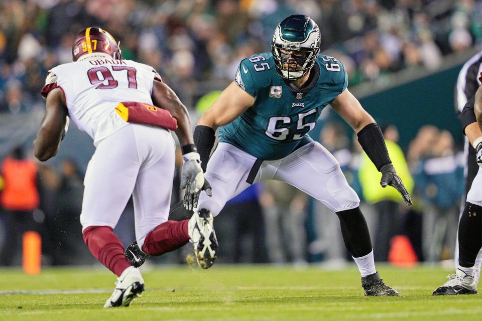 PHILADELPHIA, PA - NOVEMBER 14: Philadelphia Eagles offensive tackle Lane Johnson (65) sets up to block Washington Commanders defensive end Efe Obada (97) during the game between the Washington Commanders and the Philadelphia Eagles on November 14, 2022 at Lincoln Financial Field in Philadelphia, PA. (Photo by Andy Lewis/Icon Sportswire via Getty Images)