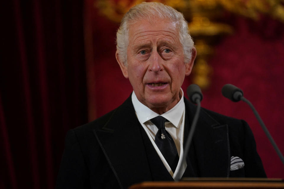 Britain's King Charles III speaks during the Accession Council ceremony at St James's Palace, where he is formally proclaimed Britain's new monarch, following the death of Queen Elizabeth II, in London, Britain September 10, 2022.  Jonathan Brady/Pool via REUTERS
