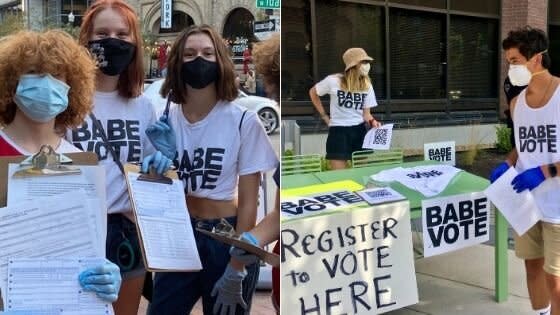 Babe Vote volunteers, including Shiva Rajbhandari (far right), hand out QR codes that, when scanned, direct would-be voters to registration sites. (Photo: Babe Vote)