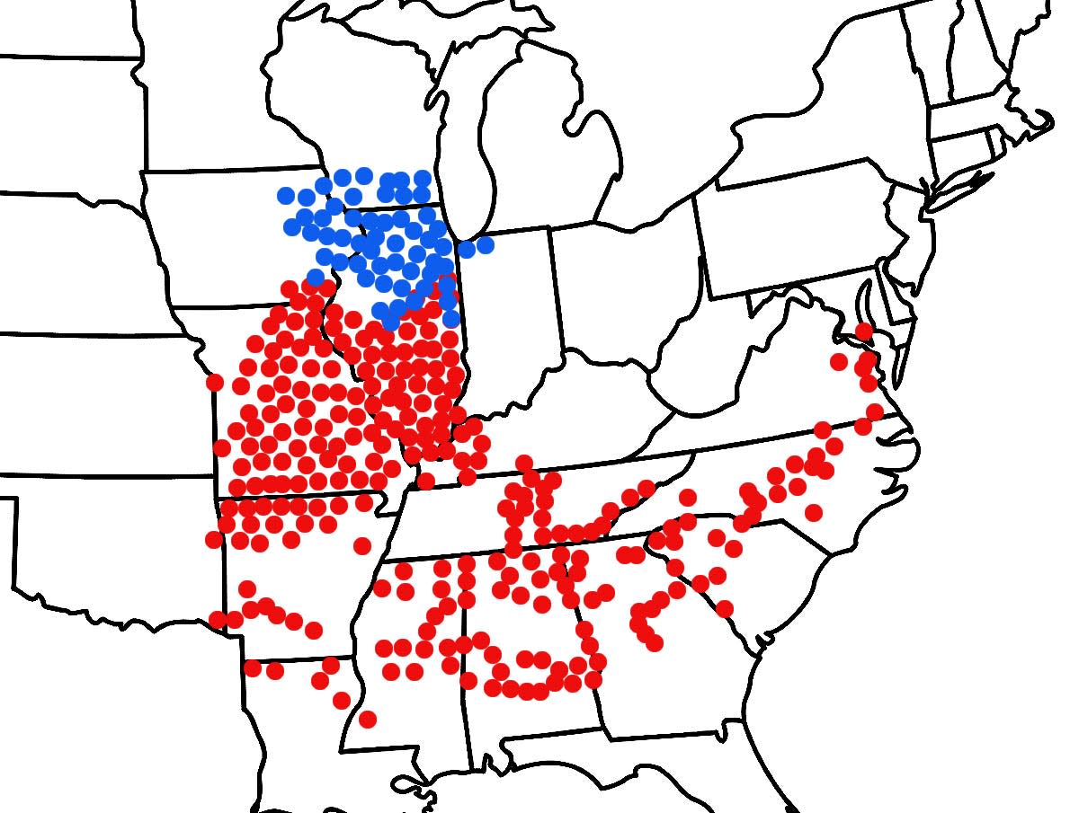 A map of where the two cicada broods will emerge across the United States this summer. The broods will overlap in a small area in Illinois.