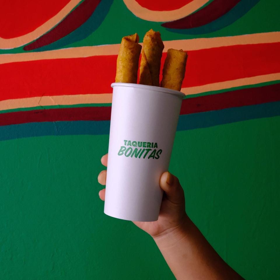 Bonitas' rolled taquitos in a cup are a new dish that has become very popular.