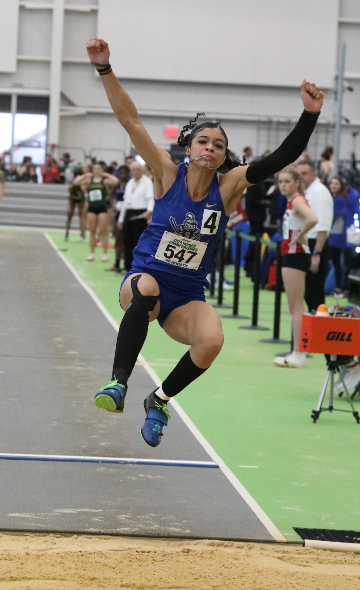 Corintia Griffith from Webster Schroeder competes in the girls long jump at the 2024 New York State Indoor Track and Field Championships at the Ocean Breeze Athletic Complex in Staten Island, March 2, 2024.