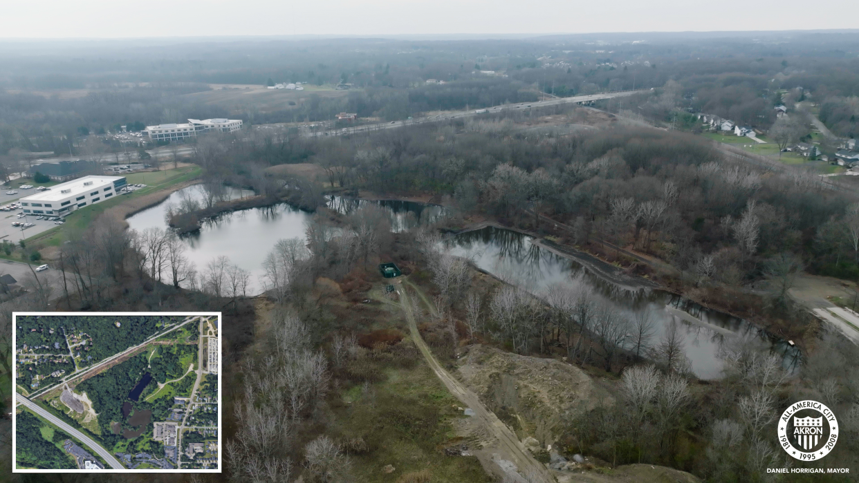 Drone images from the city of Akron show the land that would become the proposed White Pond retail and residential development.