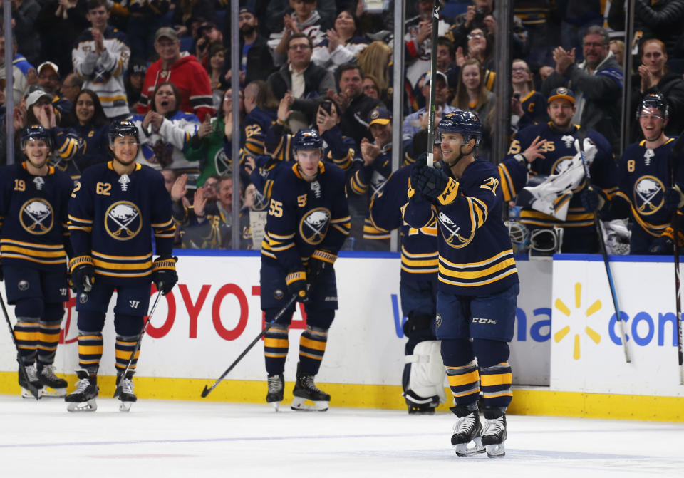 Buffalo Sabres forward Jason Pominville (29) celebrates his goal during the third period of the team's NHL hockey game against the Ottawa Senators on Thursday, April 4, 2019, in Buffalo, N.Y. (AP Photo/Jeffrey T. Barnes)