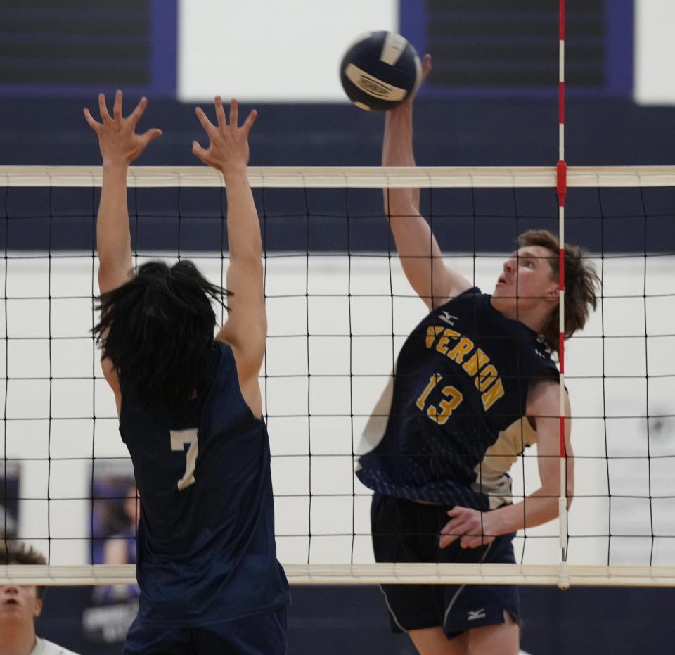 Randolph, NJ May 20, 2023 -- Kevin Tinio of Randolph and Joey Petrucci of Vernon in the first game. Randolph won the Northwest New Jersey Athletic Conference Volleyball Final with a 25-23 and 25-18 win in a game played at Randolph.