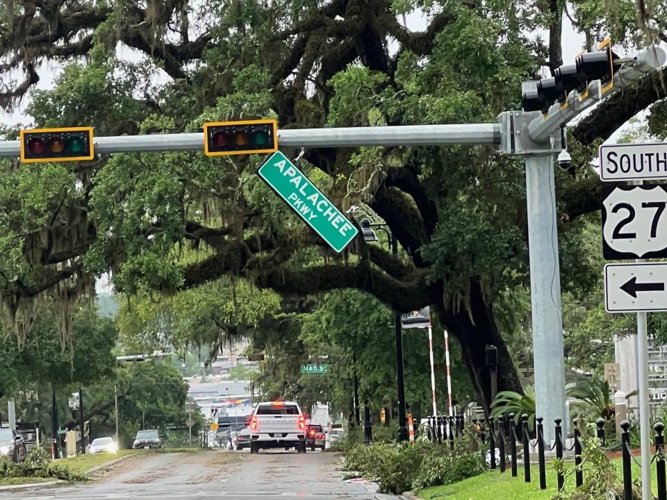 The Apalachee Parkway sign at the Capitol after Friday's storm
