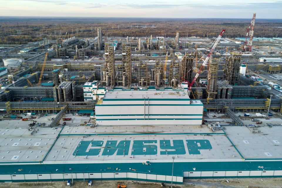 An aerial view of construction at Russian petrochemical company Sibur's plant on the outskirts of Tobolsk.