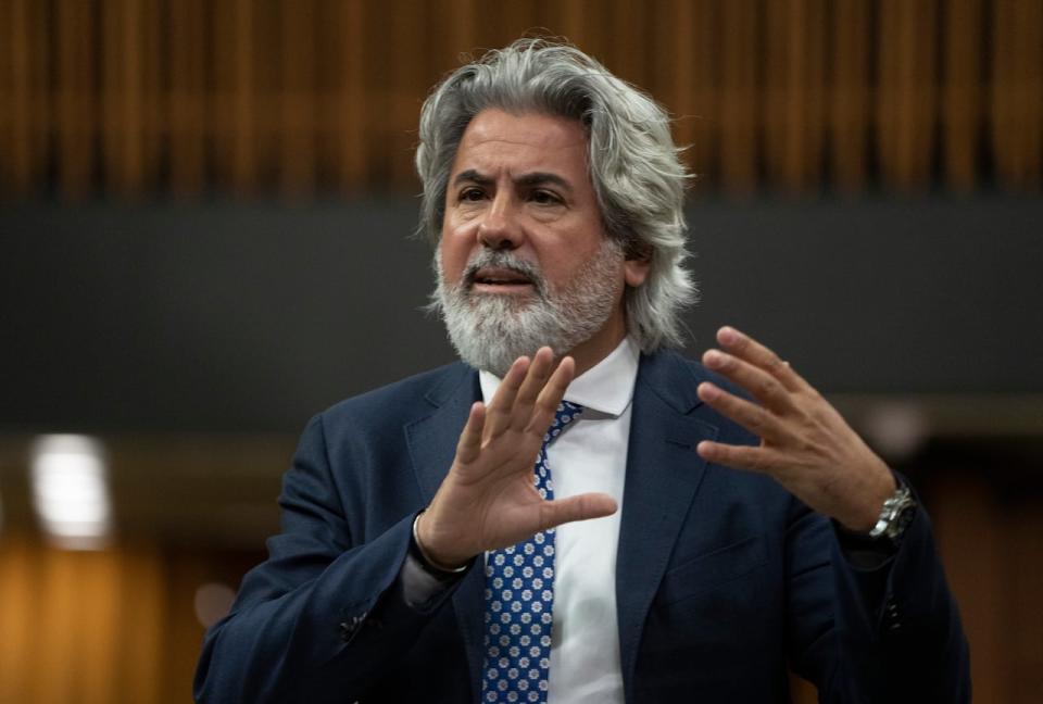 Canadian Heritage Minister Pablo Rodriguez rises during question period, Friday, April 28, 2023 in Ottawa.  THE CANADIAN PRESS/Adrian Wyld