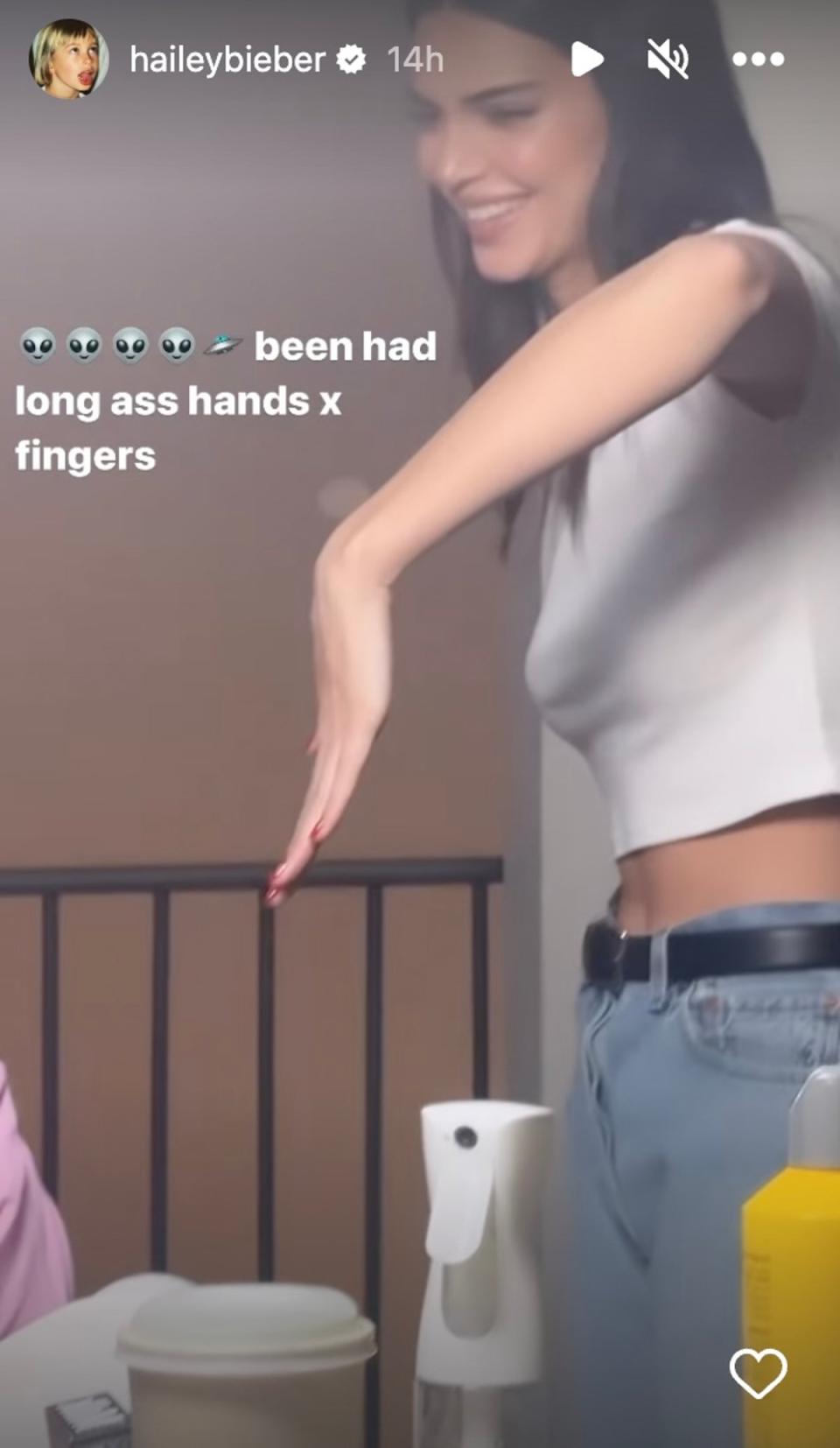 Jenner showcased her “crazy long” hands during an Instagram Live with bestie Hailey Bieber (Hailey Bieber/Instagram)