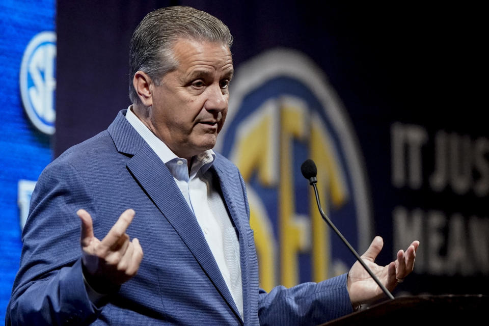 Kentucky NCAA college basketball head coach John Calipari speaks during Southeastern Conference Media Days, Wednesday, Oct. 18, 2023, in Birmingham, Ala. (AP Photo/Mike Stewart)