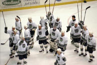 FILE- Hartford Whalers players salute the fans at the end of their final NHL hockey game, Sunday, April 13, 1997, in Hartford, Conn., against the Tampa Bay Lightning. Connecticut Gov. Ned Lamont said Friday, May 19, 2023, he's planning to meet with NHL Commissioner Gary Bettman about the possibility of moving the Arizona Coyotes to Hartford. Connecticut has not had an NHL team since the Hartford Whalers left for North Carolina in 1997. (AP Photo/Steve Miller, File)