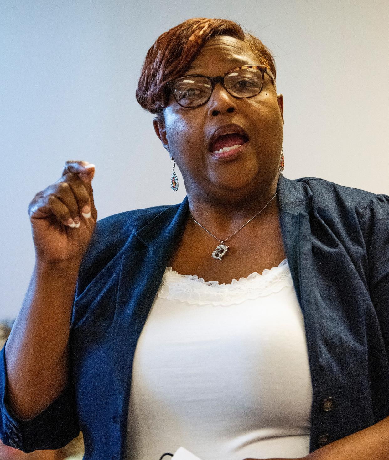 Montgomery County School Board candidate Pamela Portis speaks during a candidate forum In Montgomery, Ala., on Thursday April 28, 2022. 