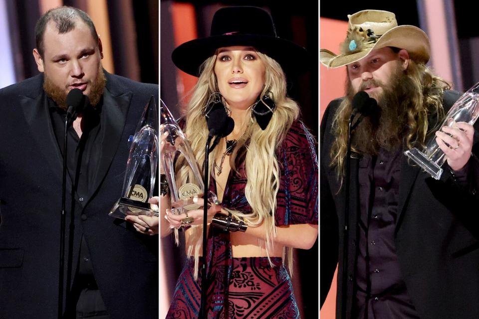 Luke Combs accepts the Album of the Year award for "Growin' Up" onstage at The 56th Annual CMA Awards at Bridgestone Arena on November 09, 2022 in Nashville, Tennessee. (Photo by Terry Wyatt/WireImage); Lainey Wilson accepts the Female Vocalist of the Year award onstage at The 56th Annual CMA Awards at Bridgestone Arena on November 09, 2022 in Nashville, Tennessee. (Photo by Terry Wyatt/WireImage; Chris Stapleton accepts the Male Vocalist of the Year award onstage at The 56th Annual CMA Awards at Bridgestone Arena on November 09, 2022 in Nashville, Tennessee. (Photo by Michael Loccisano/Getty Images)