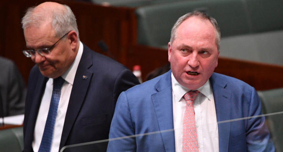 Prime Minister Scott Morrison and Deputy Prime Minister Barnaby Joyce during Question Time in the House of Representatives at Parliament House in Canberra.