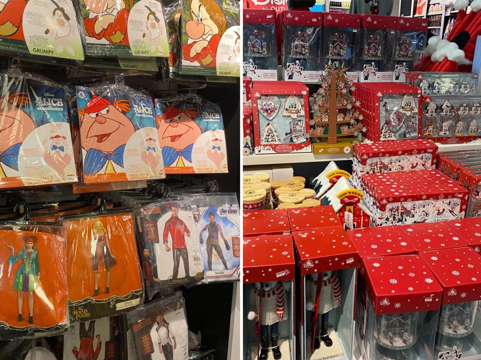 Halloween costumes and Christmas decorations at the Disney Outlet.