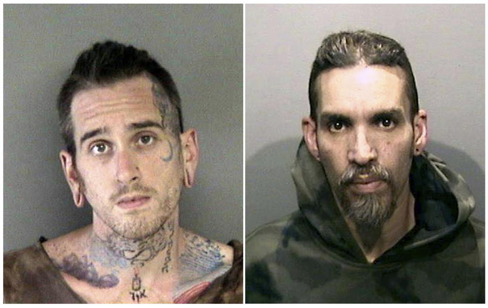 FILE - This combination of June 2017 file booking photos provided by the Alameda County Sheriff's Office shows Max Harris, left, and Derick Almena, at Santa Rita Jail in Alameda County, Calif. More than two years after 36 people died in the fire, Almena and Harris, the two men who face charges of involuntary manslaughter, will stand trial on charges that they allegedly illegally converted the industrial building into an unlicensed entertainment venue and artist live-work space. (Alameda County Sheriff's Office via AP, File)