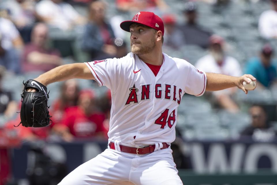 Angels pitcher Reid Detmers throws to a Cleveland Guardians batter.