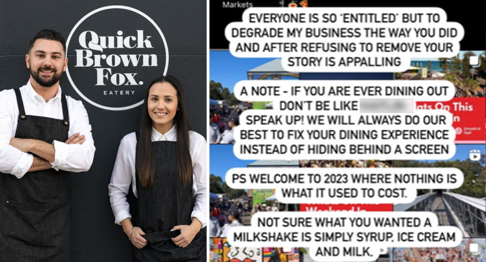 Left, co-owners Emily and Ben Calabro smile in front of a sign which reads, 'Quick Brown Fox Eatery'. Right, Emily's scathing online post can be seen. 